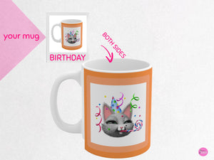 myTabby BIRTHDAY 11oz Coffee, Tea or Hot Chocolate Mug, CUSTOM text & background colour