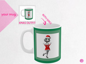 myTabby XMAS OUTFIT 11oz Coffee, Tea or Hot Chocolate Mug, CUSTOM text & background colour