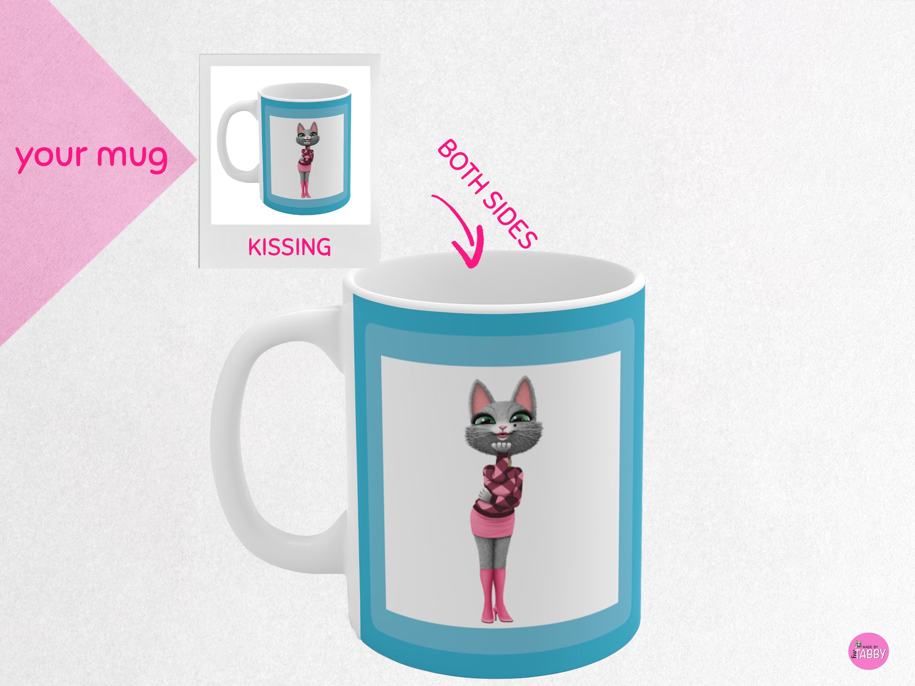 myTabby KISSING 11oz Coffee, Tea or Hot Chocolate Mug, CUSTOM text & background colour