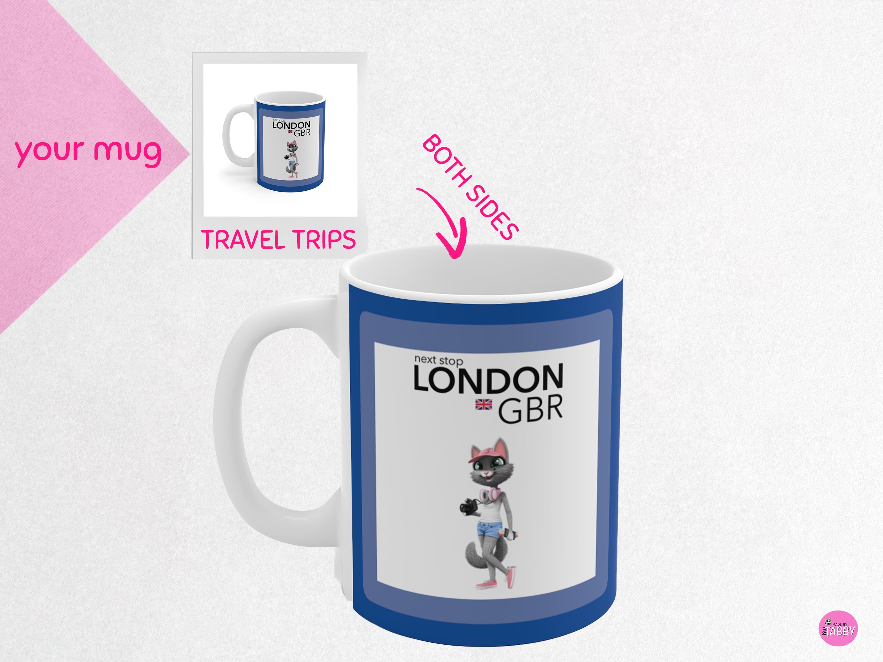 myTabby TRAVEL TRIPS 11oz Coffee, Tea or Hot Chocolate Mug, CUSTOM text & background colour