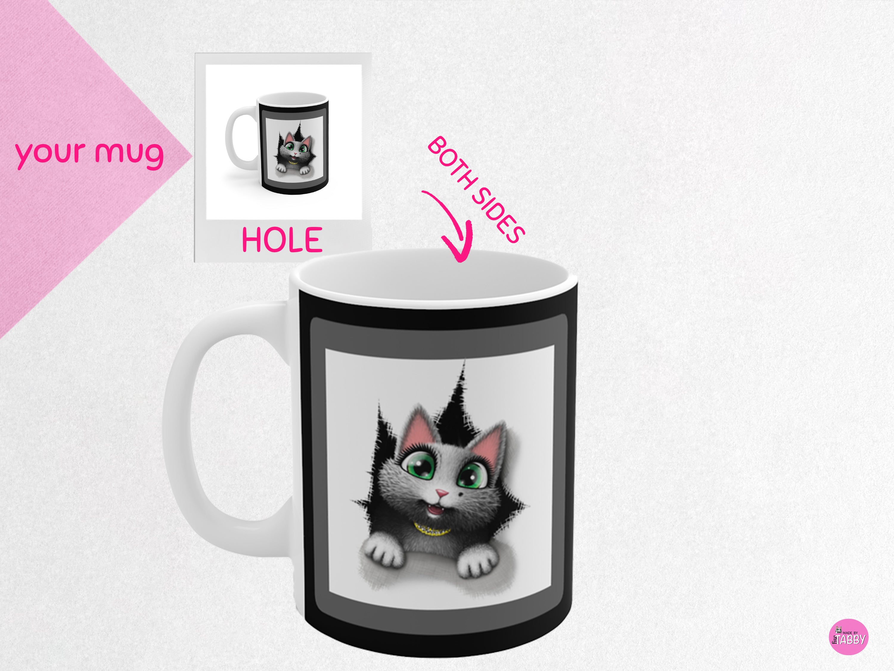 myTabby HOLE 11oz Coffee, Tea or Hot Chocolate Mug, CUSTOM text & background colour