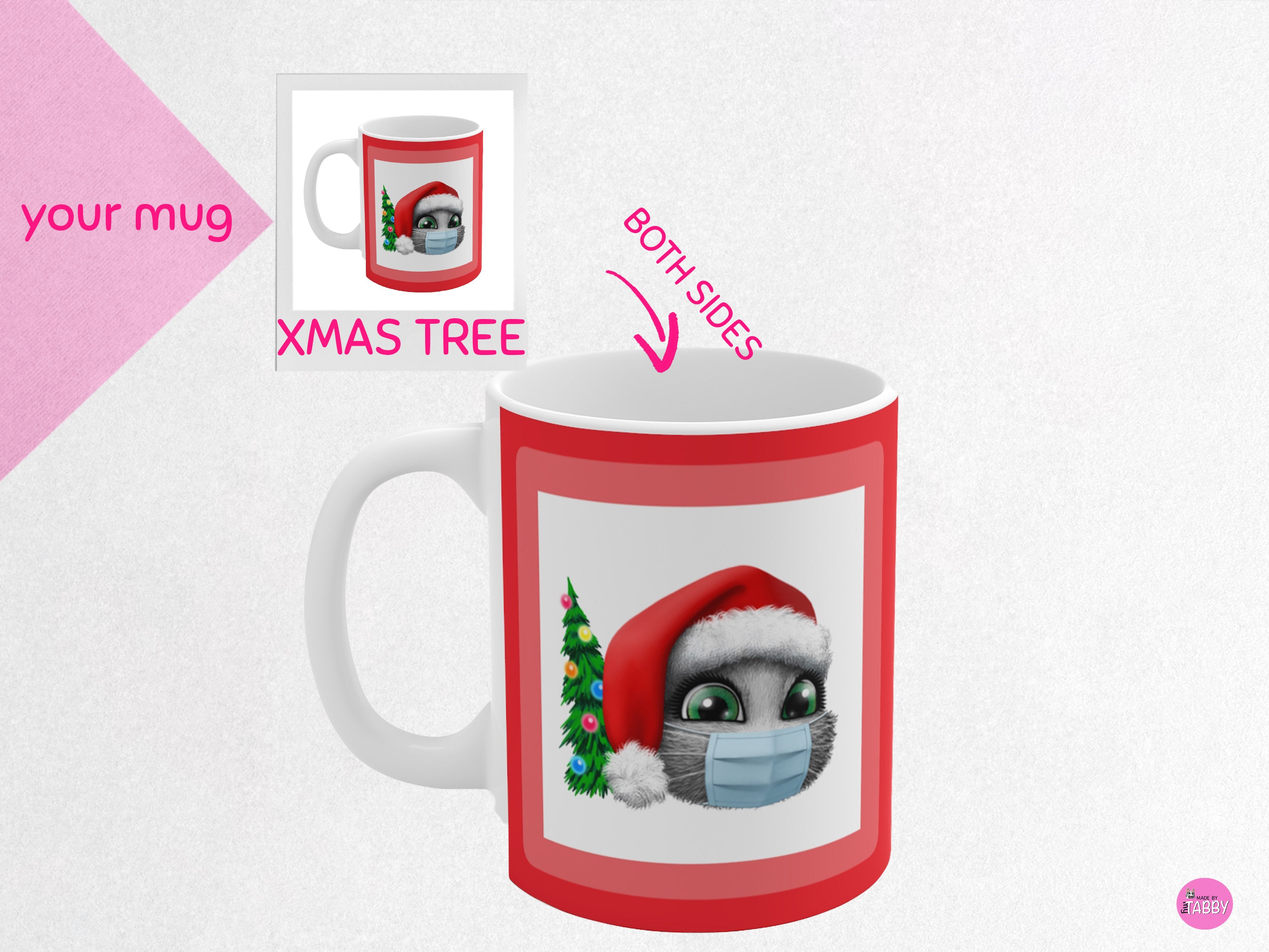 myTabby XMAS Face Mask & Tree  11oz Coffee, Tea or Hot Chocolate Mug, CUSTOM text & background colour