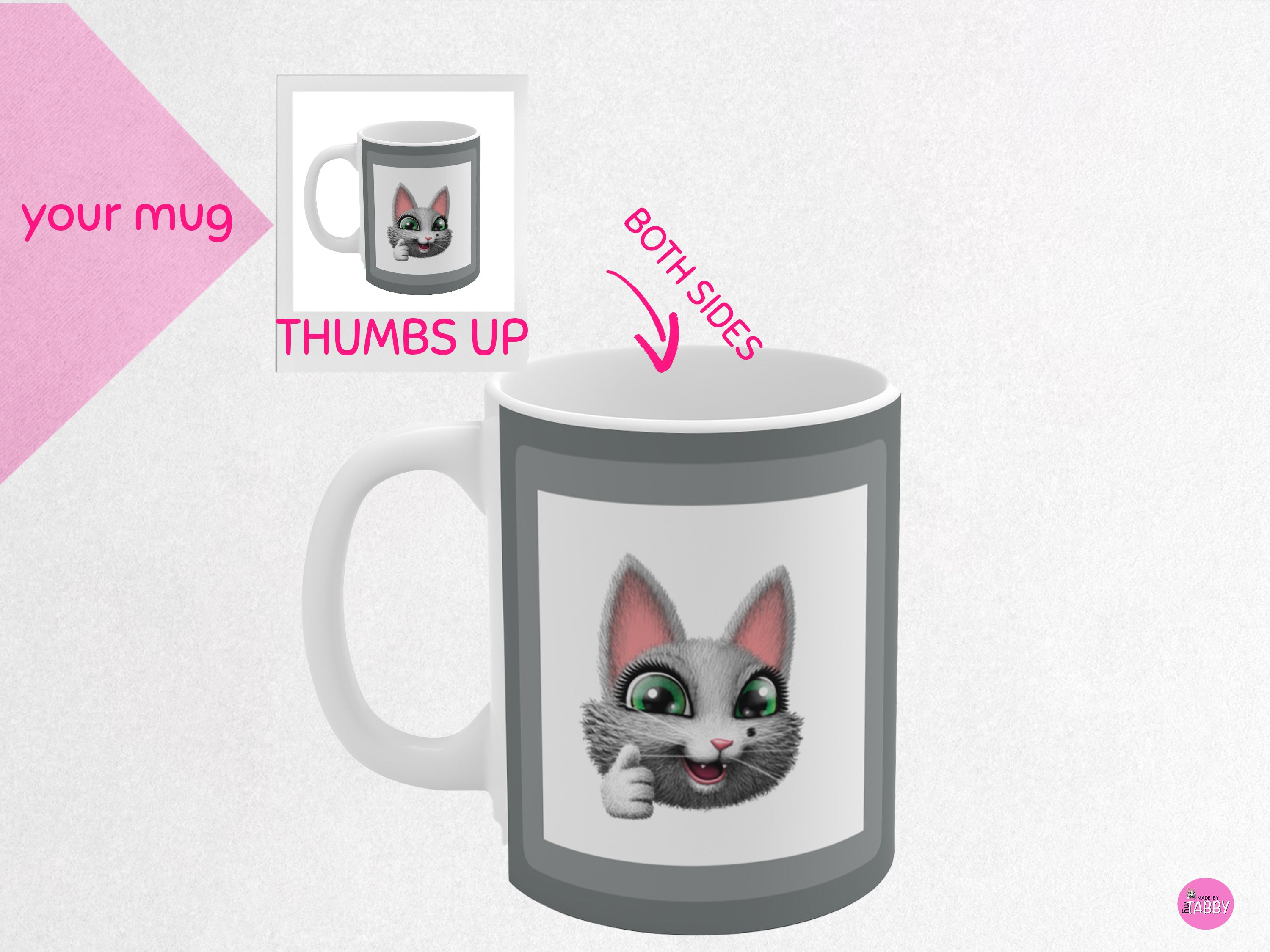 myTabby THUMBS up 11oz Coffee, Tea or Hot Chocolate Mug, CUSTOM text & background colour