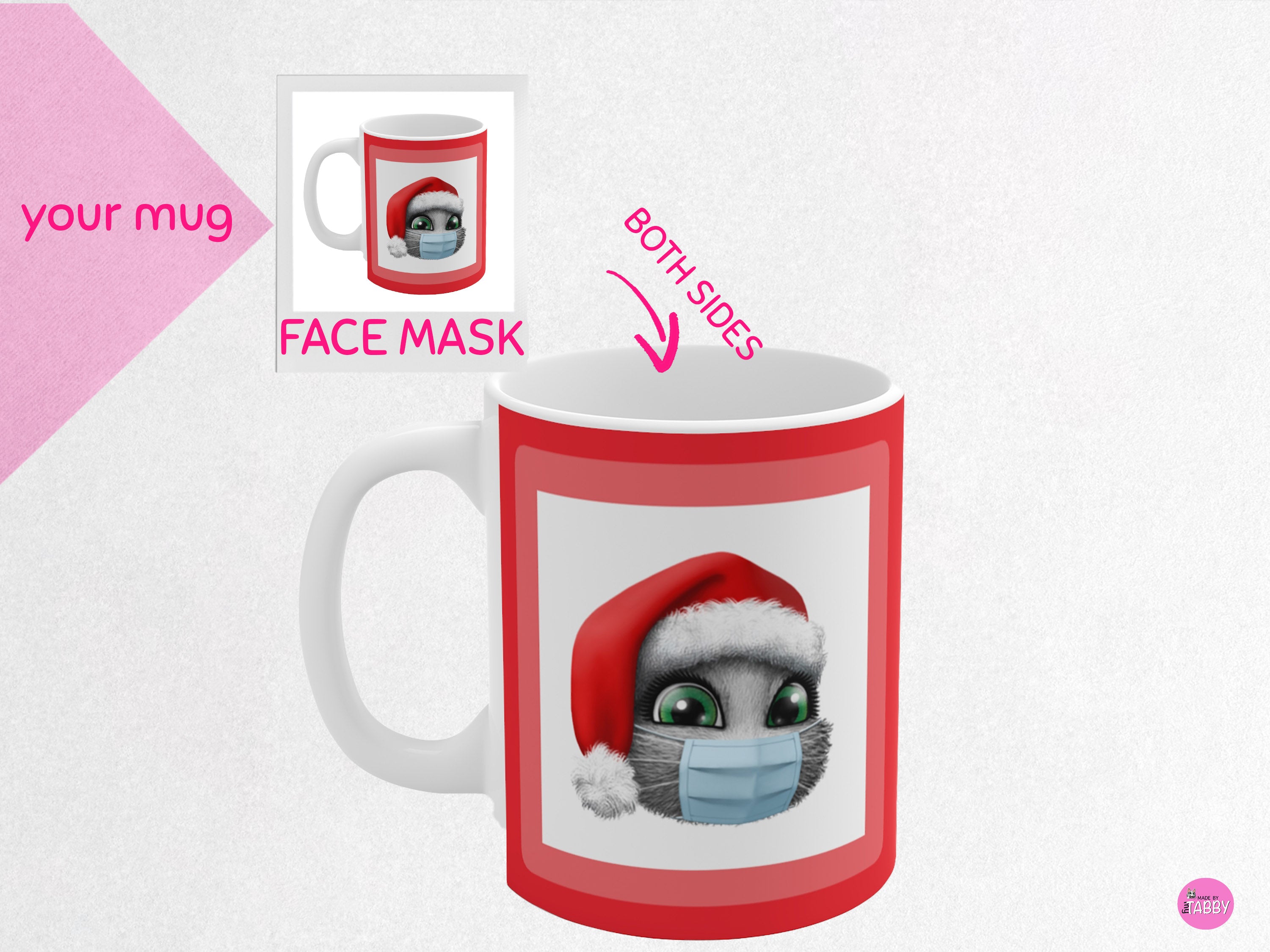 myTabby XMAS Face Mask  11oz Coffee, Tea or Hot Chocolate Mug, CUSTOM text & background colour