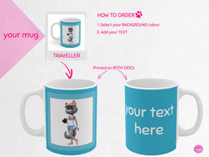 myTabby TRAVELLER 11oz Coffee, Tea or Hot Chocolate Mug, CUSTOM text & background colour