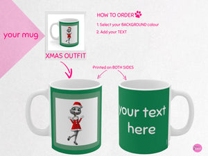 myTabby XMAS OUTFIT 11oz Coffee, Tea or Hot Chocolate Mug, CUSTOM text & background colour