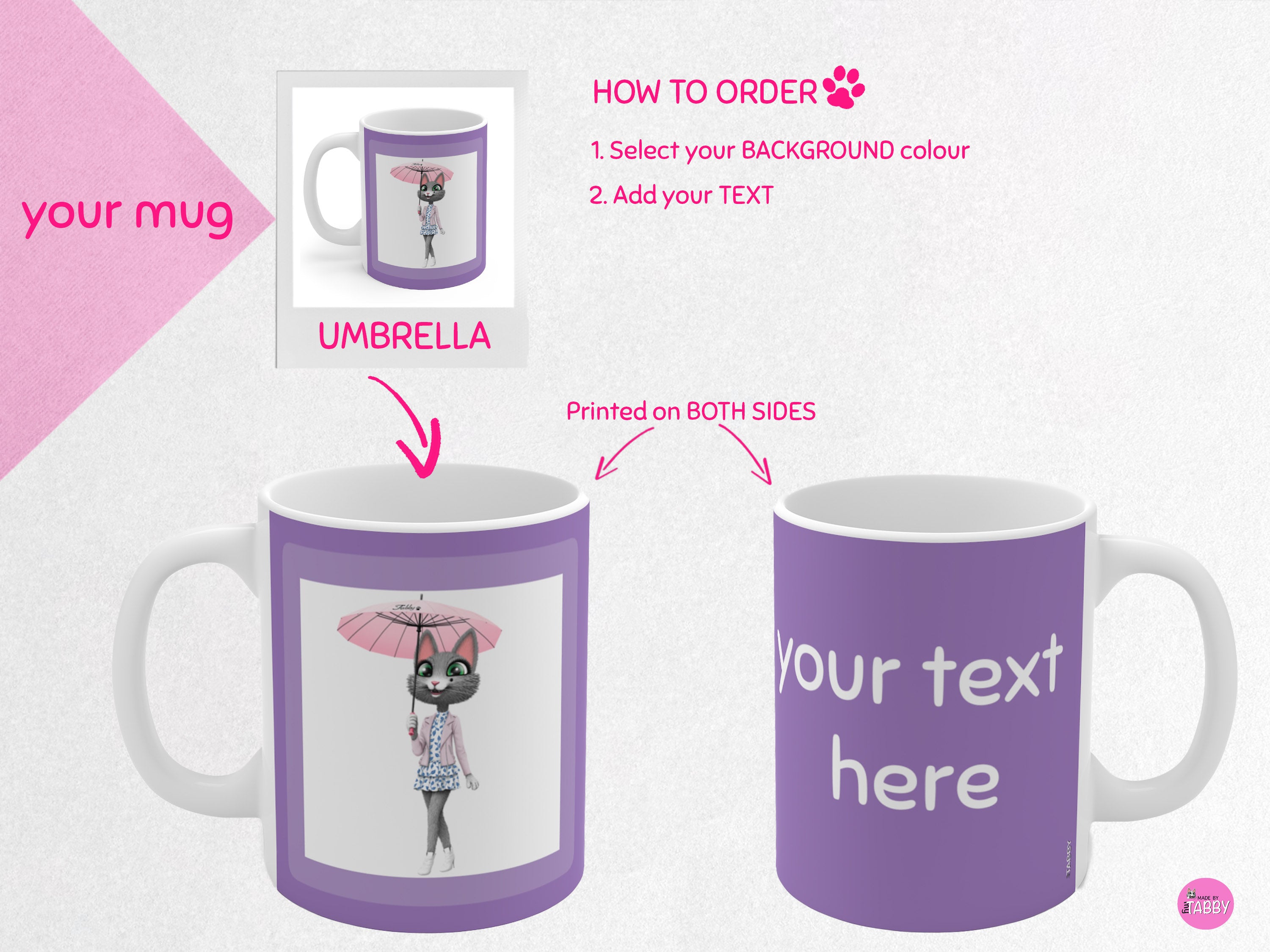 myTabby UMBRELLA 11oz Coffee, Tea or Hot Chocolate Mug, CUSTOM text & background colour