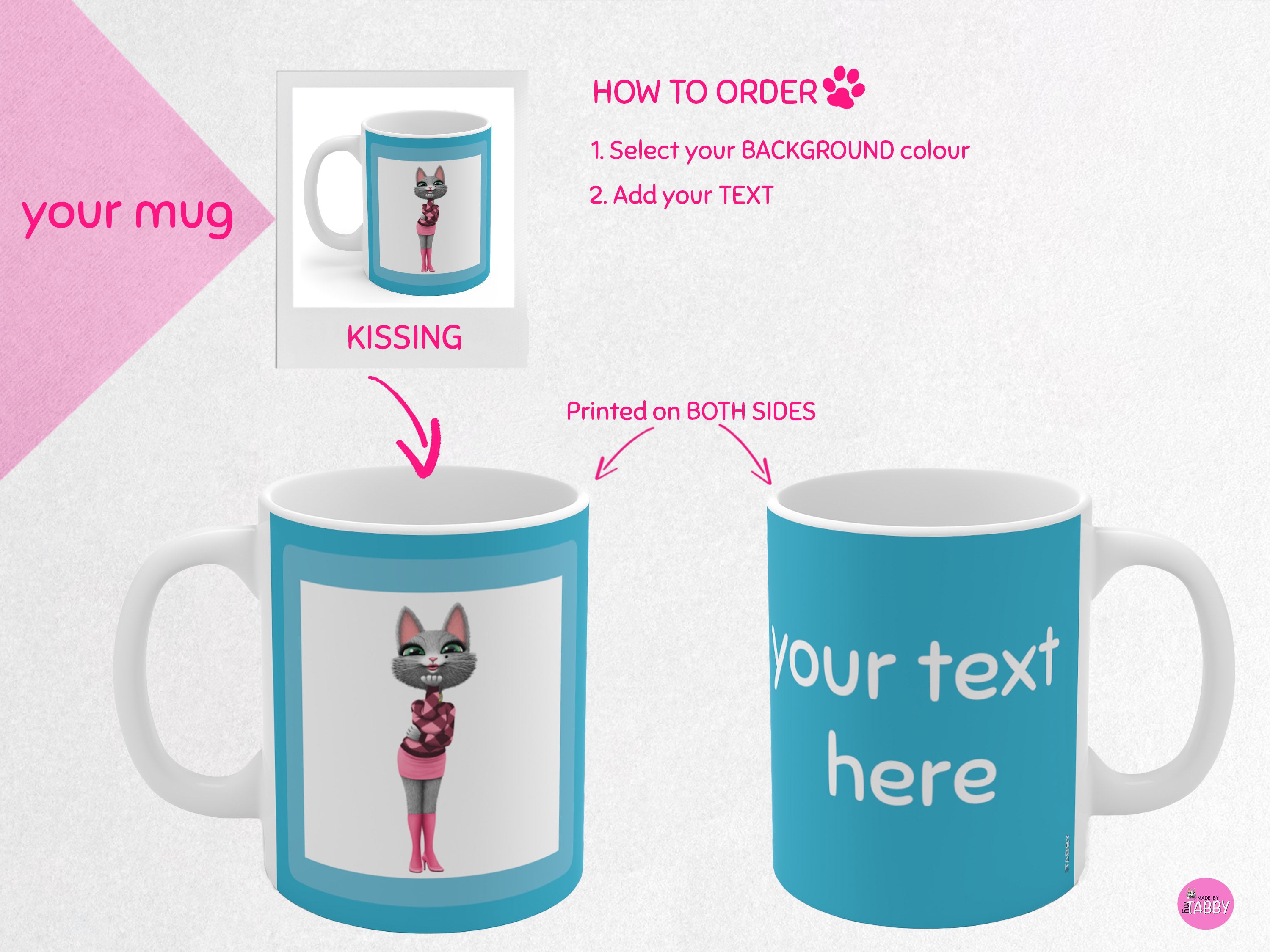 myTabby KISSING 11oz Coffee, Tea or Hot Chocolate Mug, CUSTOM text & background colour