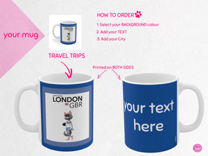 myTabby TRAVEL TRIPS 11oz Coffee, Tea or Hot Chocolate Mug, CUSTOM text & background colour