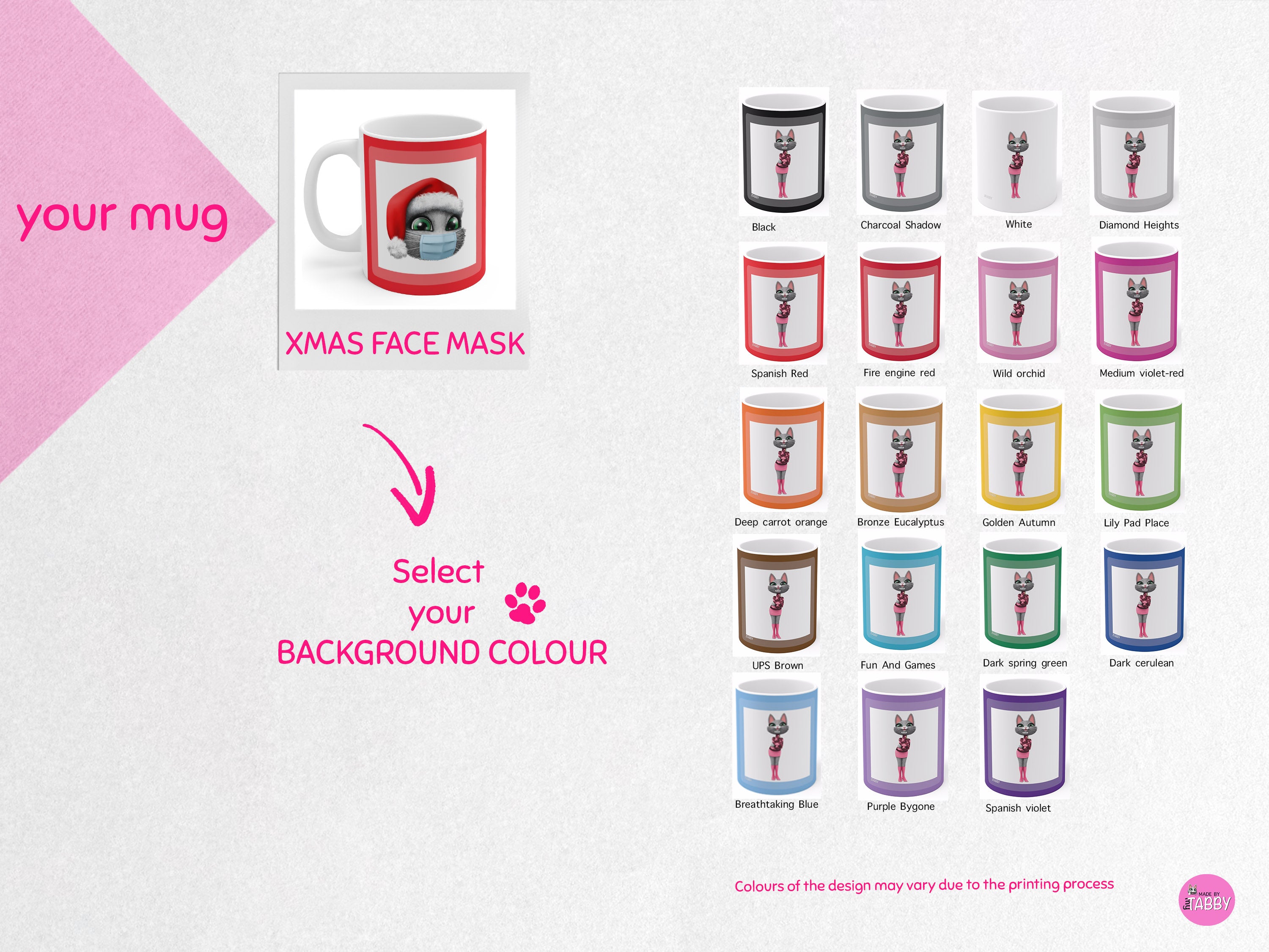 myTabby XMAS Face Mask  11oz Coffee, Tea or Hot Chocolate Mug, CUSTOM text & background colour