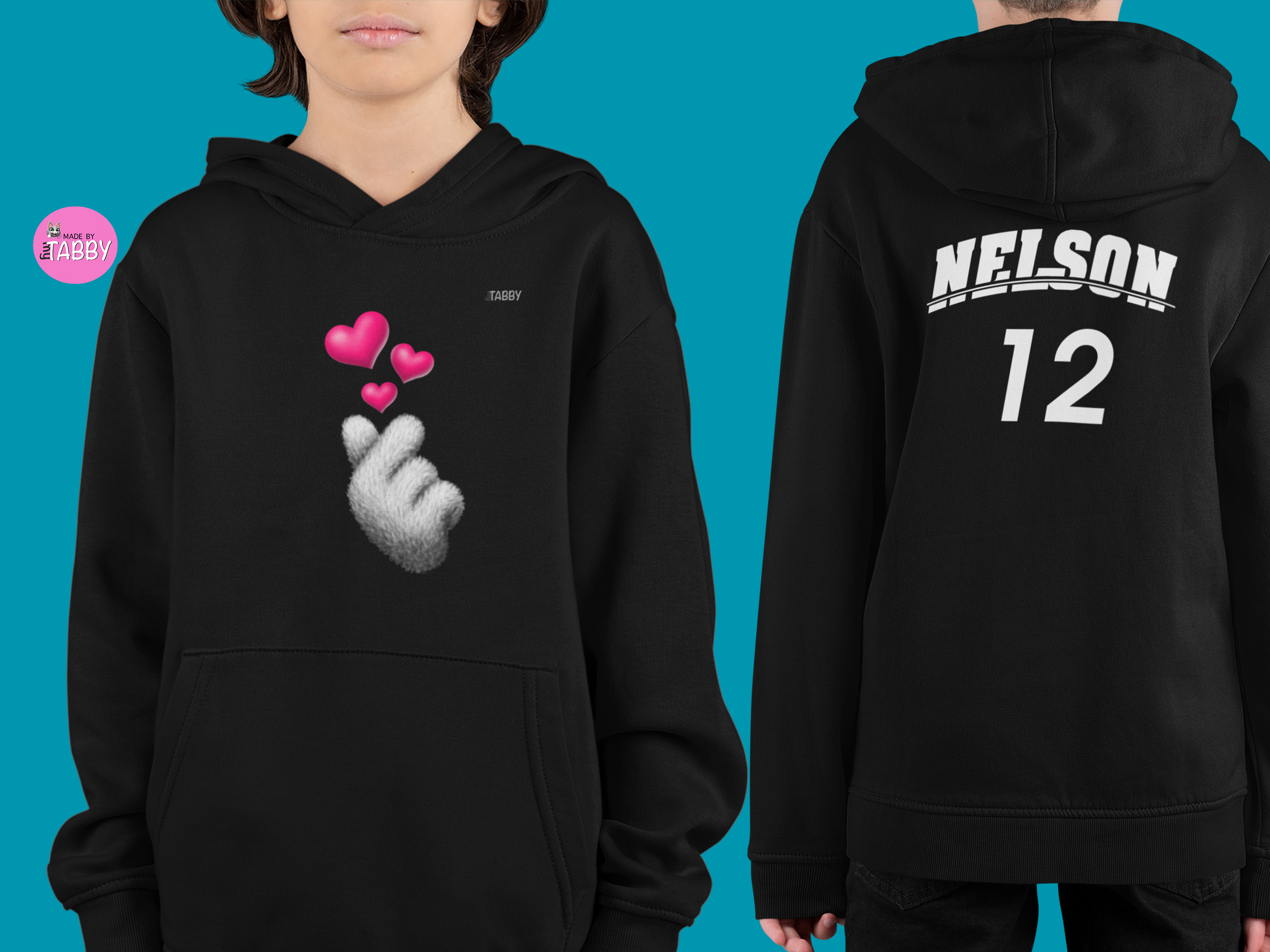 myTABBY | SIGN OF LOVE | Personalised Name on back of Boys & Girls Hoodie Unisex | Kids Fashion