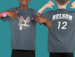 Load image into Gallery viewer, myTABBY Cat Kids Customise Soft-style Tee | THUMBS UP | Unisex T-Shirt  | Personalised Name on back | Kids Fashion
