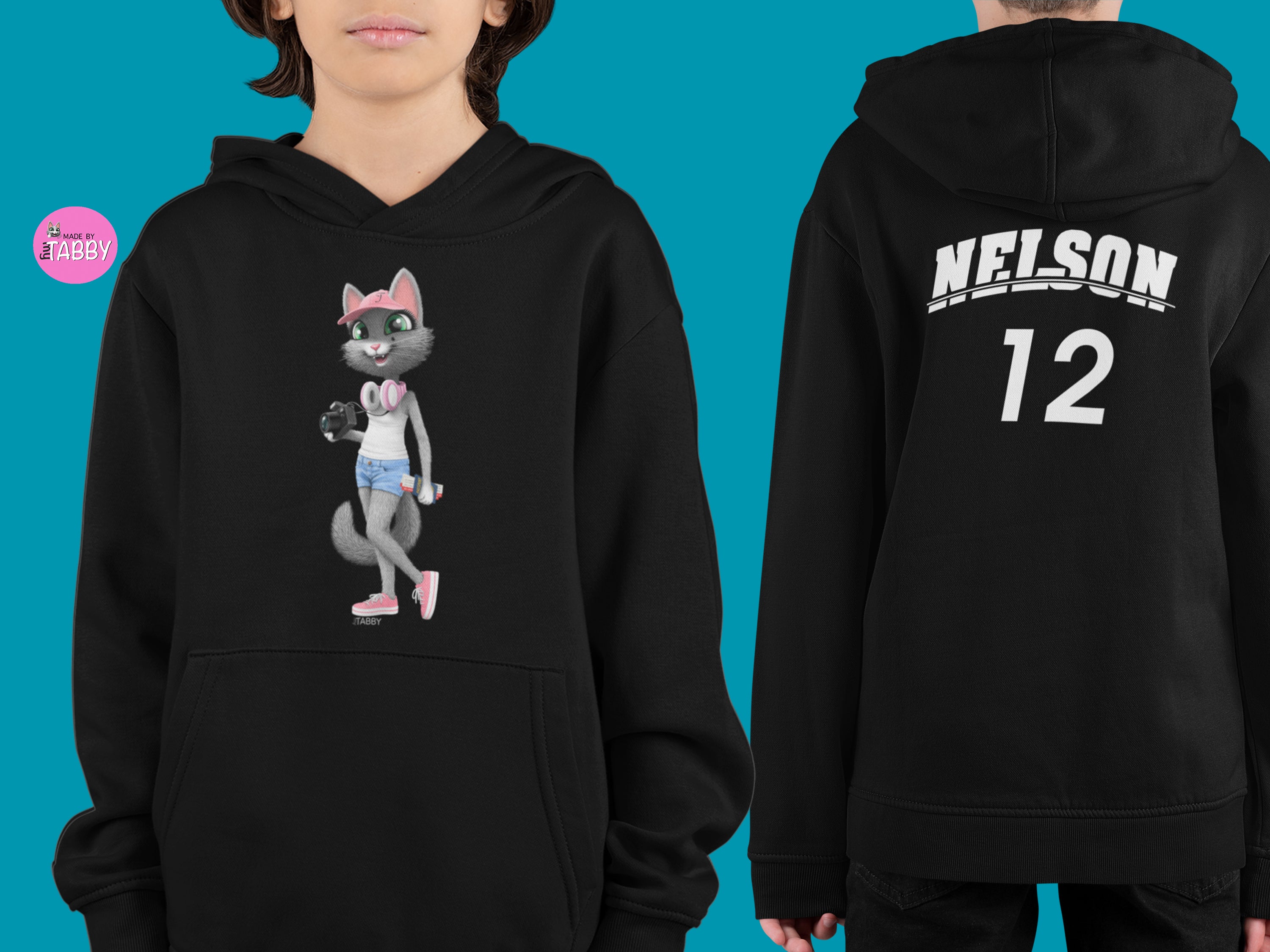 myTABBY | TRAVELER | Personalised Name on back of Boys & Girls Hoodie Unisex | Kids Fashion