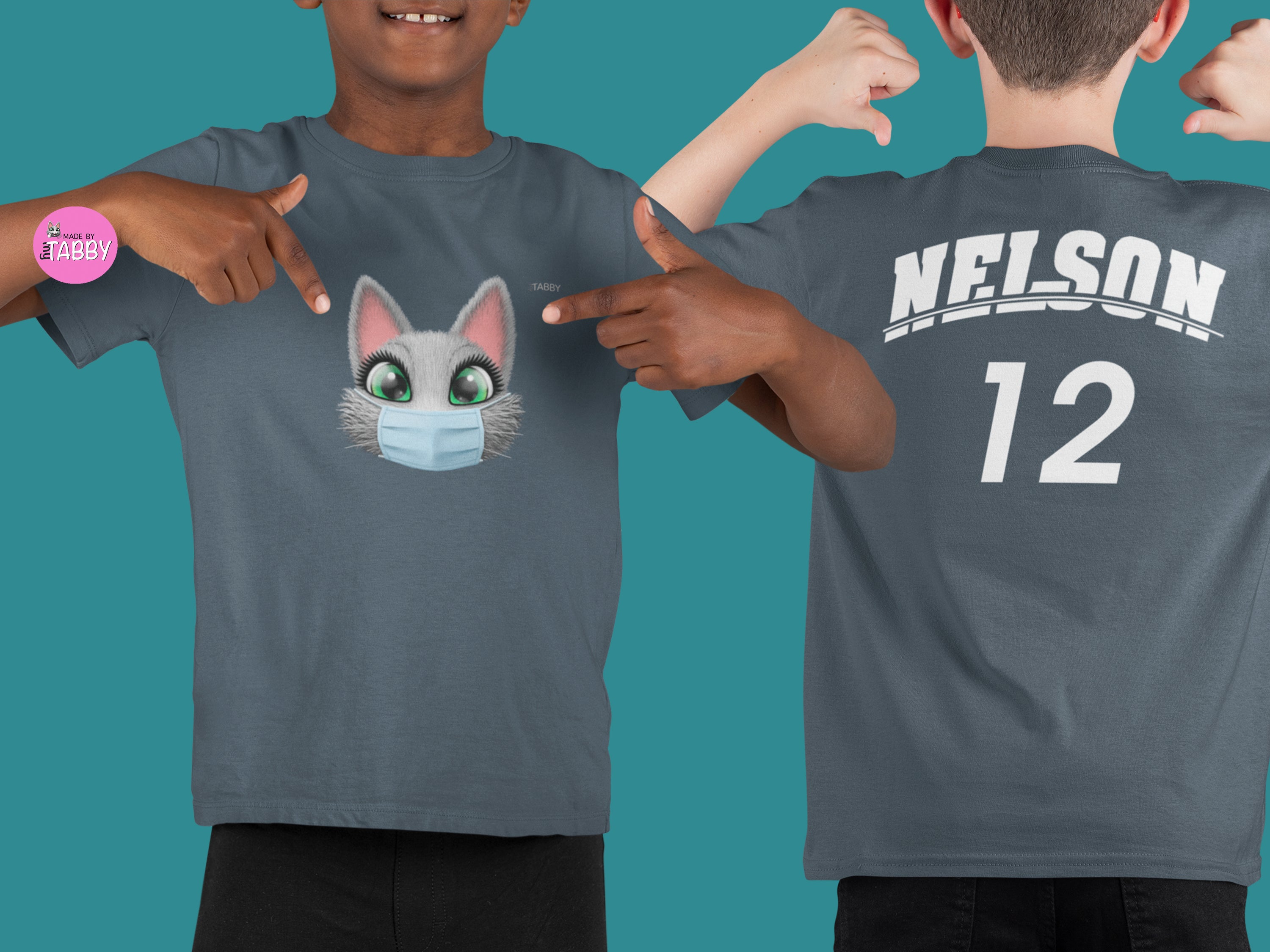 myTABBY Cat Kids Customise Soft-style Tee | FACE MASK | Unisex T-Shirt  | Personalised Name on back | Kids Fashion