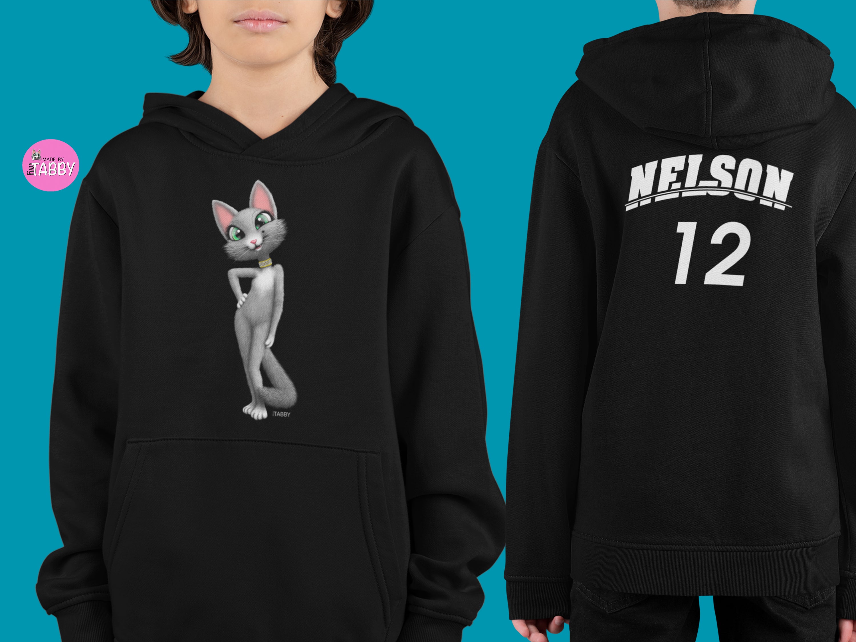 myTABBY | POSING | Personalised Name on back of Boys & Girls Hoodie Unisex | Kids Fashion