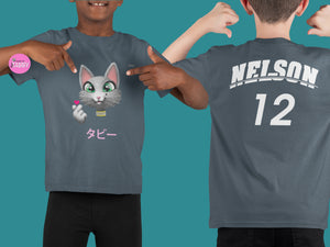 myTABBY Cat Kids Customise Soft-style Tee | TABBY JAPANESE | Unisex T-Shirt  | Personalised Name on back | Kids Fashion