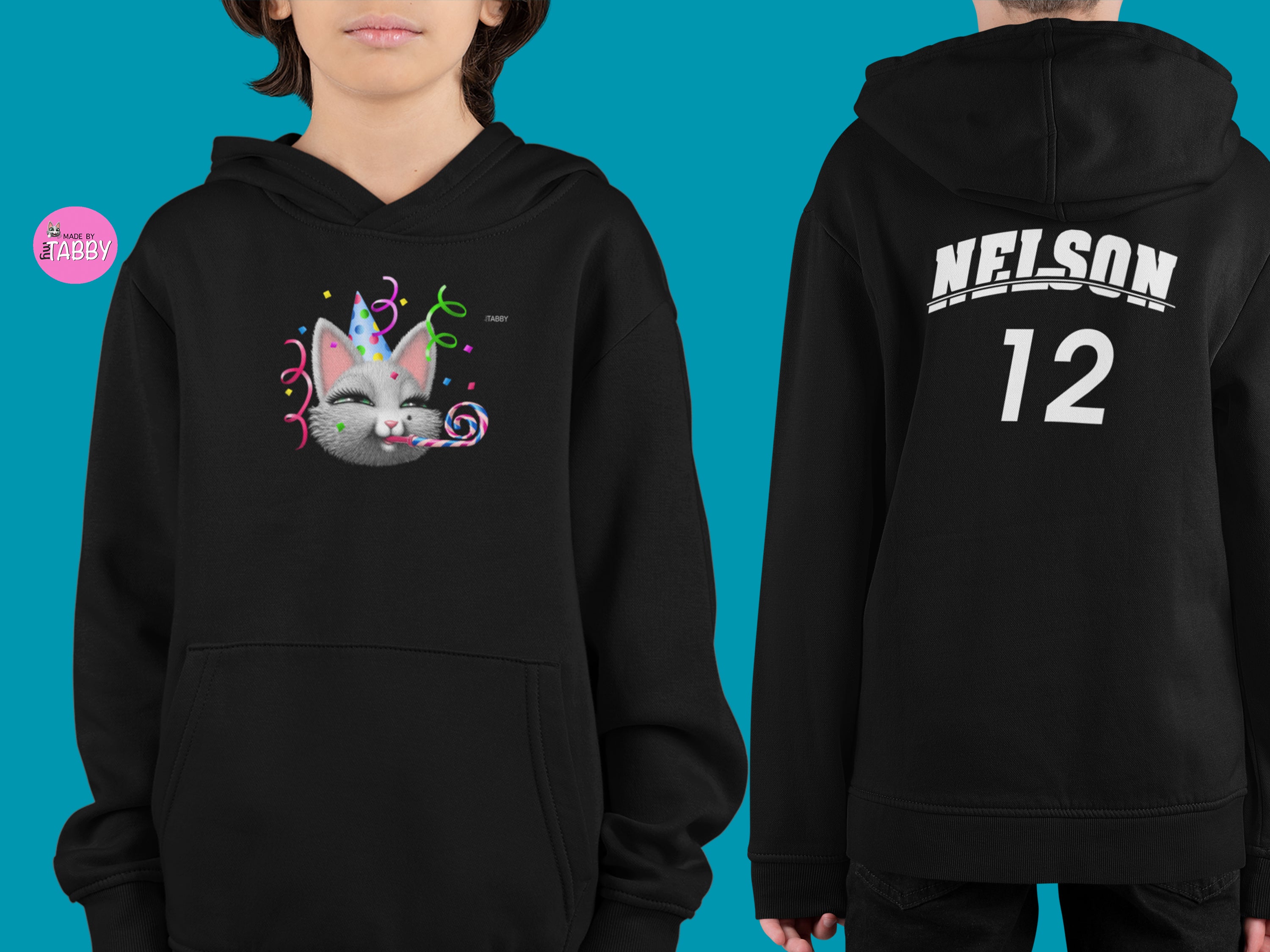 myTABBY | BIRTHDAY | Personalised Name on back of Boys & Girls Hoodie Unisex | Kids Fashion