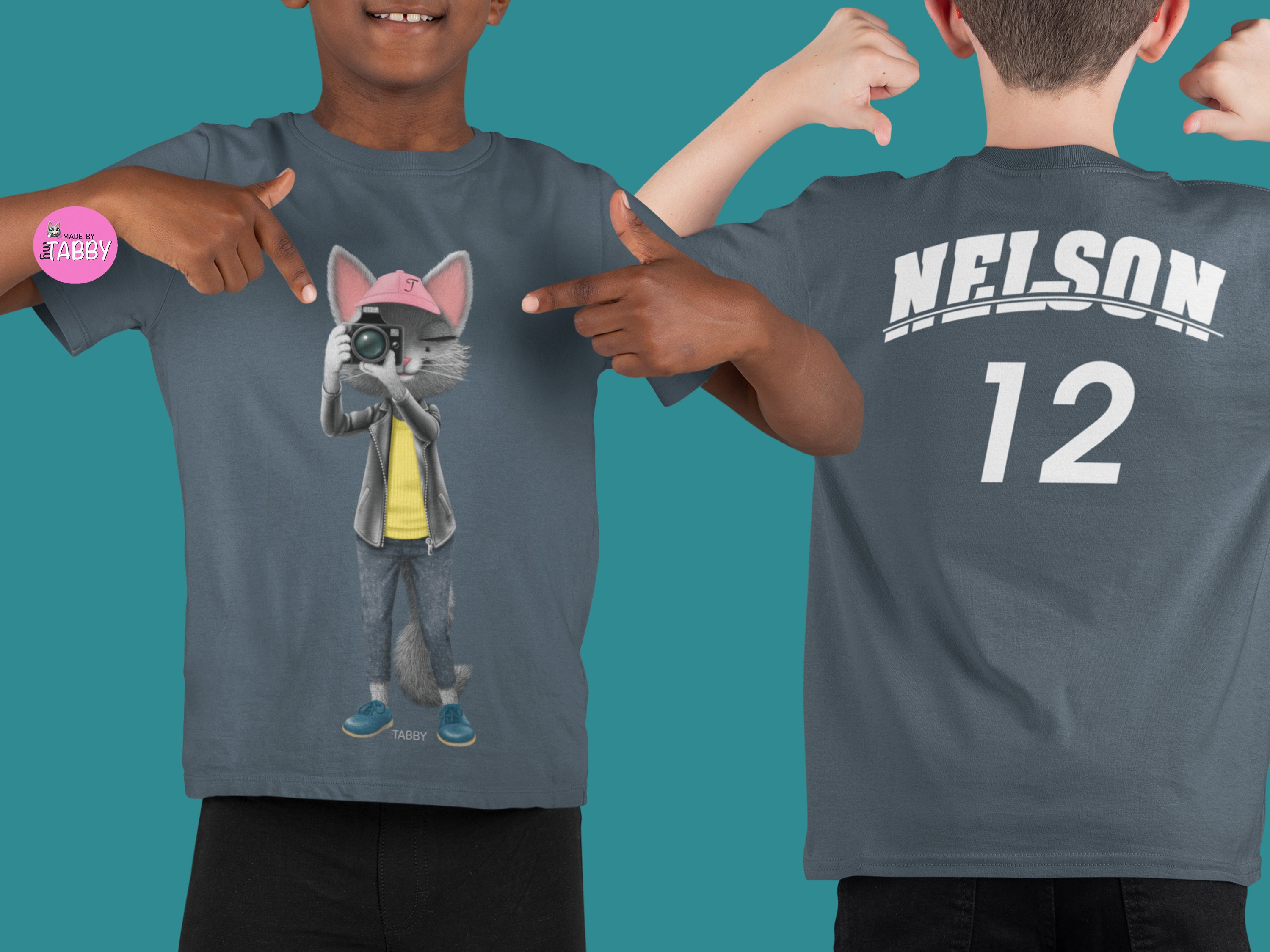 myTABBY Cat Kids Customise Soft-style Tee | PHOTOGRAPHER | Unisex T-Shirt  | Personalised Name on back | Kids Fashion