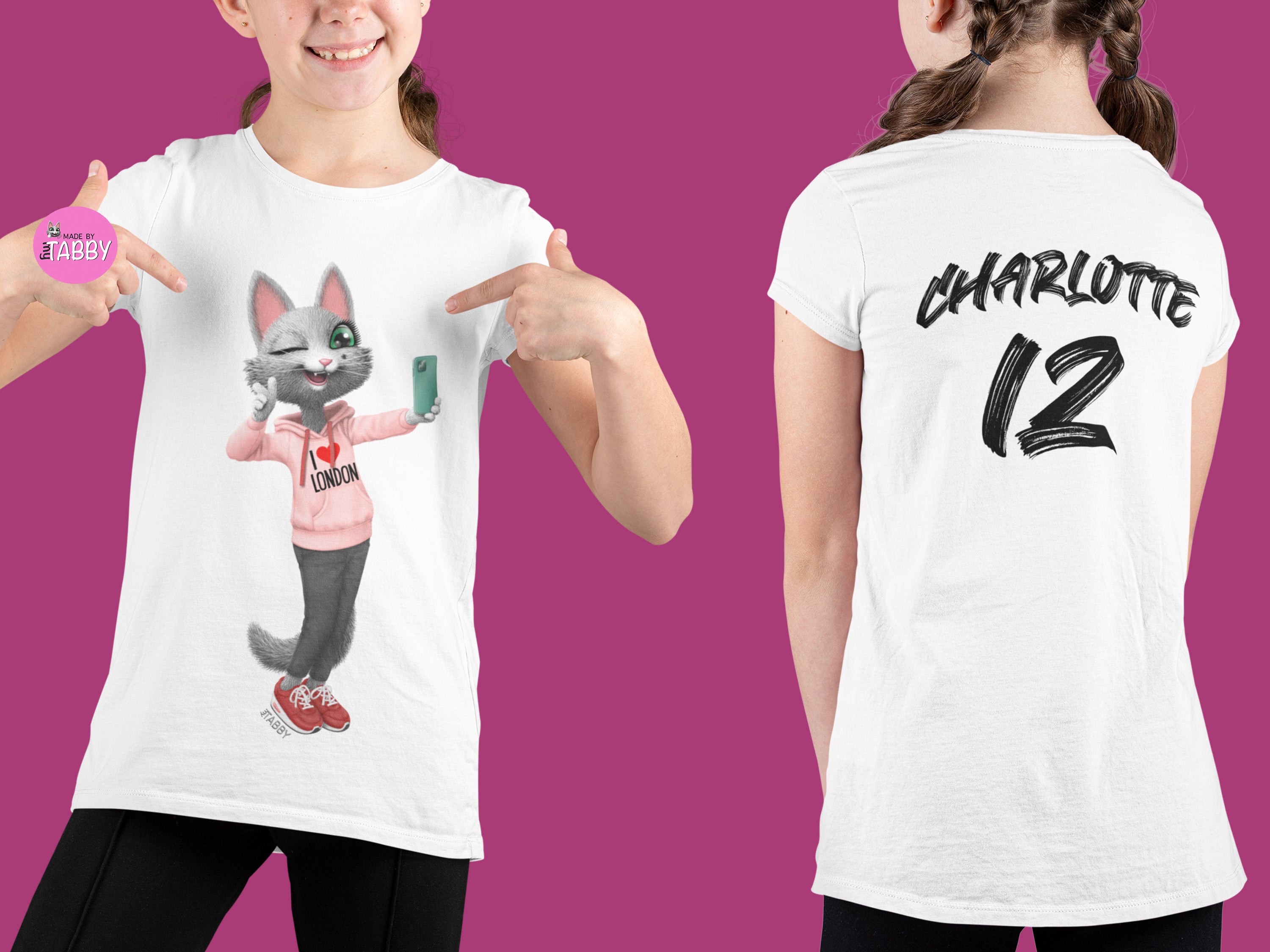 myTABBY Cat Kids Customise Soft-style Tee | I LOVE LONDON | Unisex T-Shirt  | Personalised Name on back | Kids Fashion