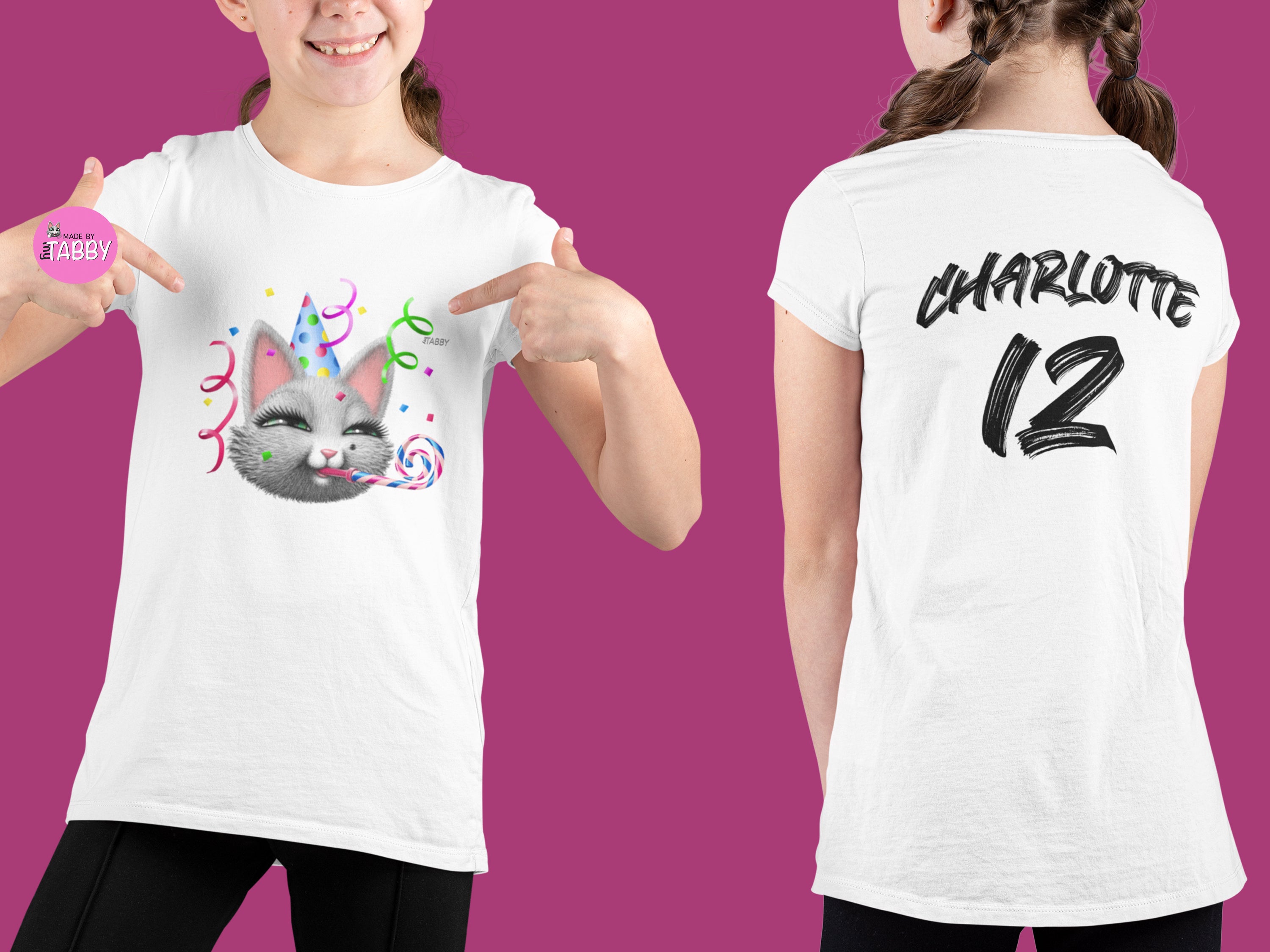 myTABBY Cat Kids Customise Soft-style Tee | BIRTHDAY | Unisex T-Shirt  | Personalised Name on back | Kids Fashion