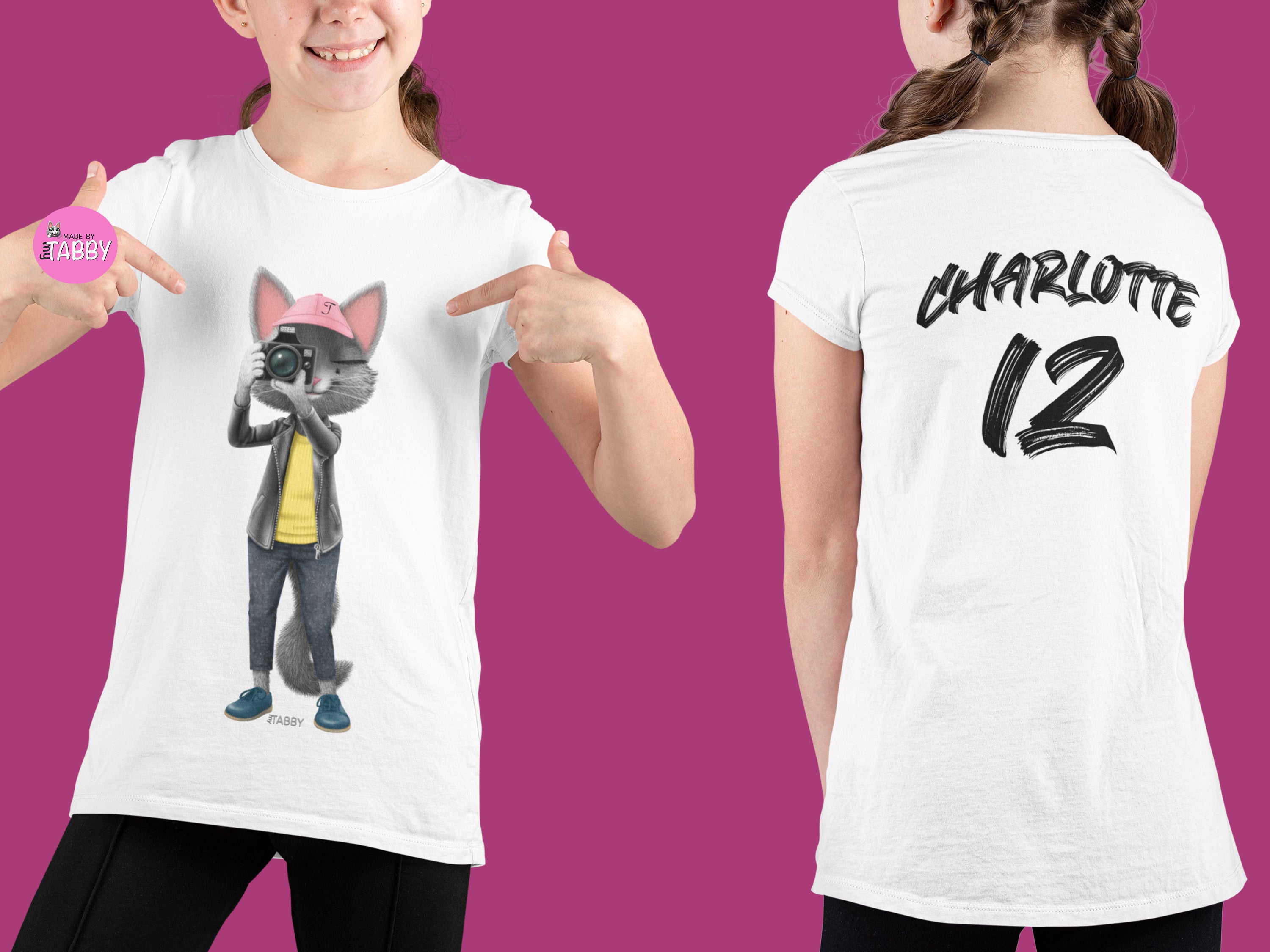 myTABBY Cat Kids Customise Soft-style Tee | PHOTOGRAPHER | Unisex T-Shirt  | Personalised Name on back | Kids Fashion