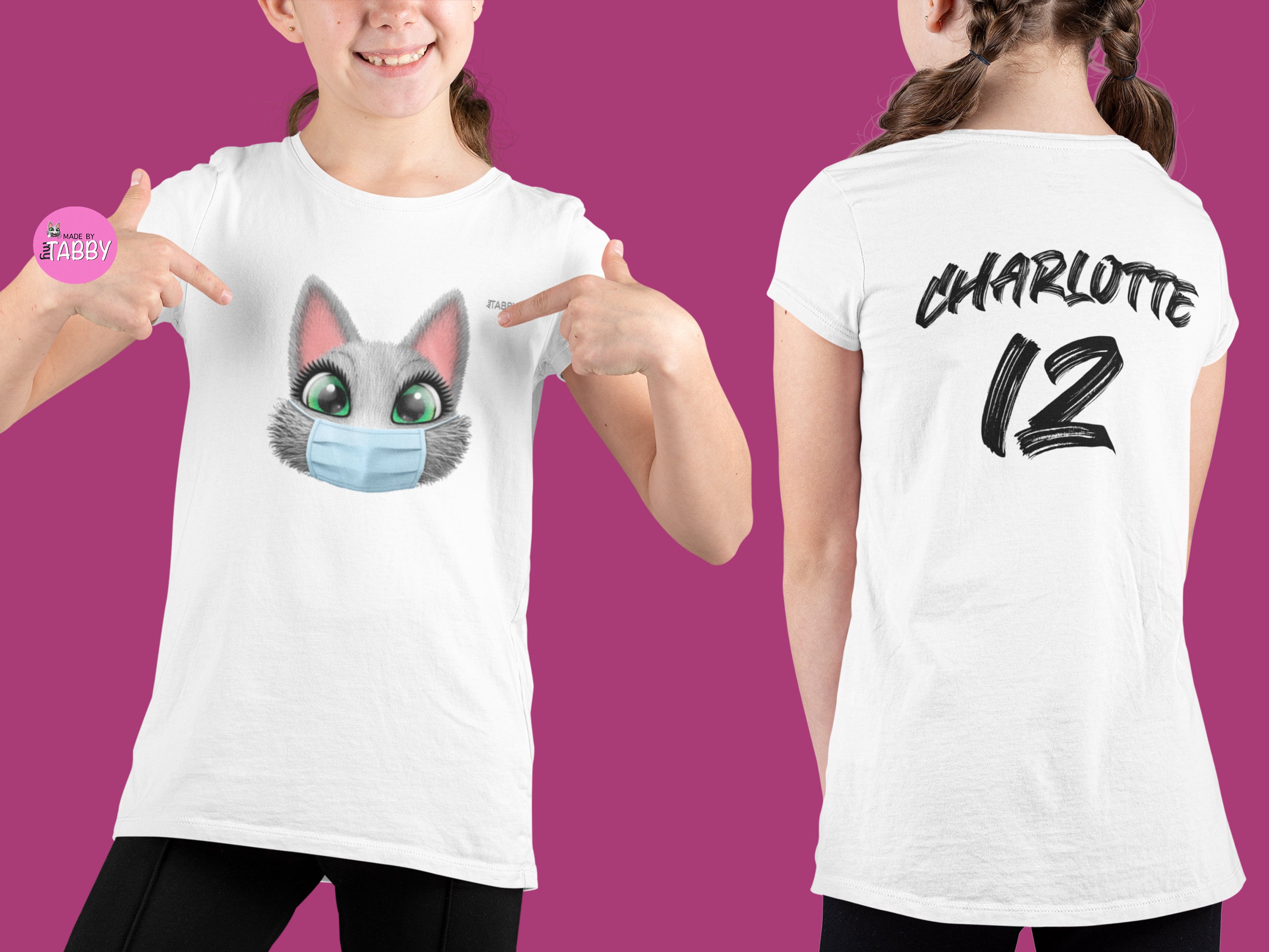 myTABBY Cat Kids Customise Soft-style Tee | FACE MASK | Unisex T-Shirt  | Personalised Name on back | Kids Fashion