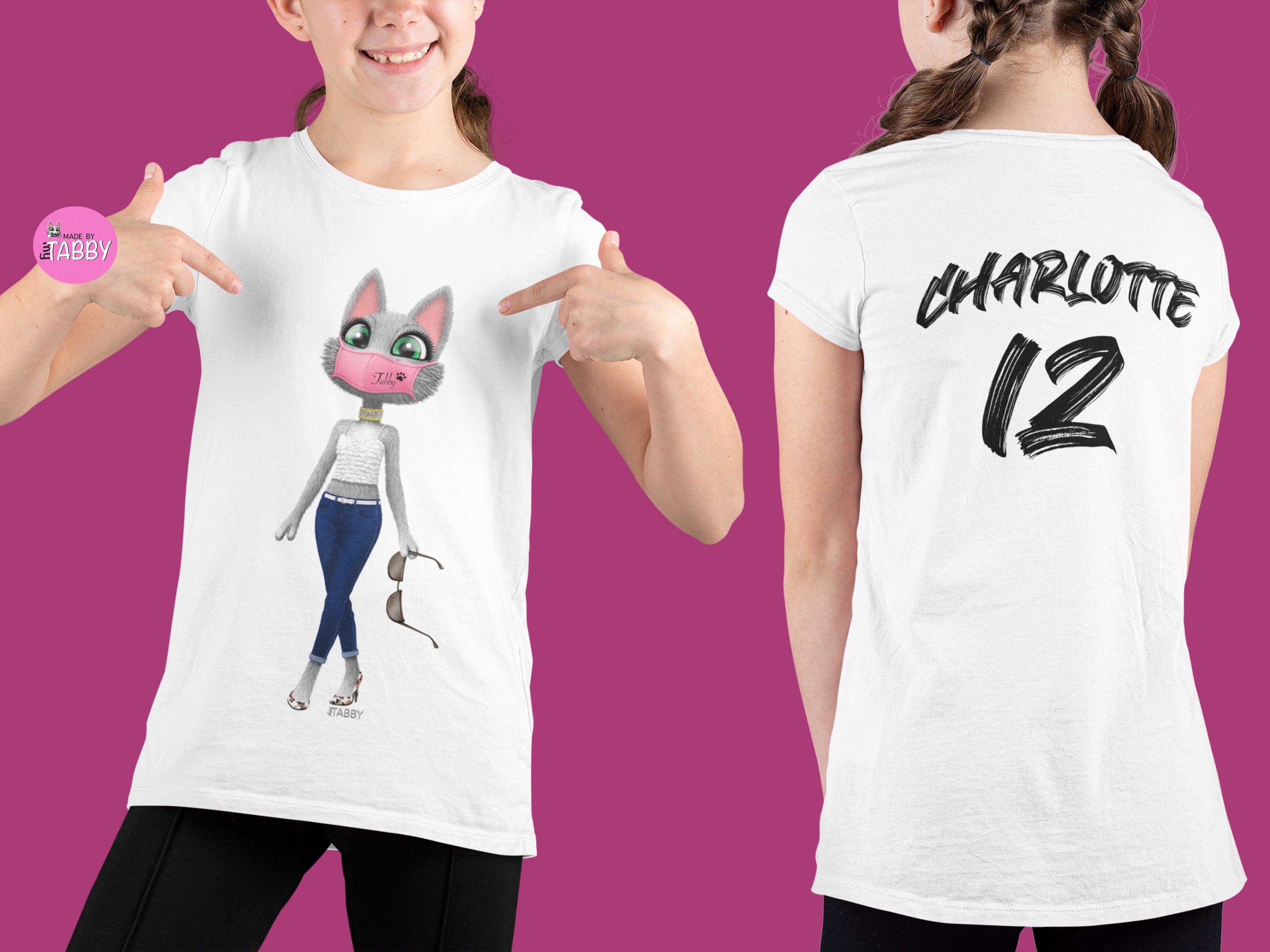 myTABBY Cat Kids Customise Soft-style Tee | SUNGLASSES & Facemask | Unisex T-Shirt  | Personalised Name on back | Kids Fashion