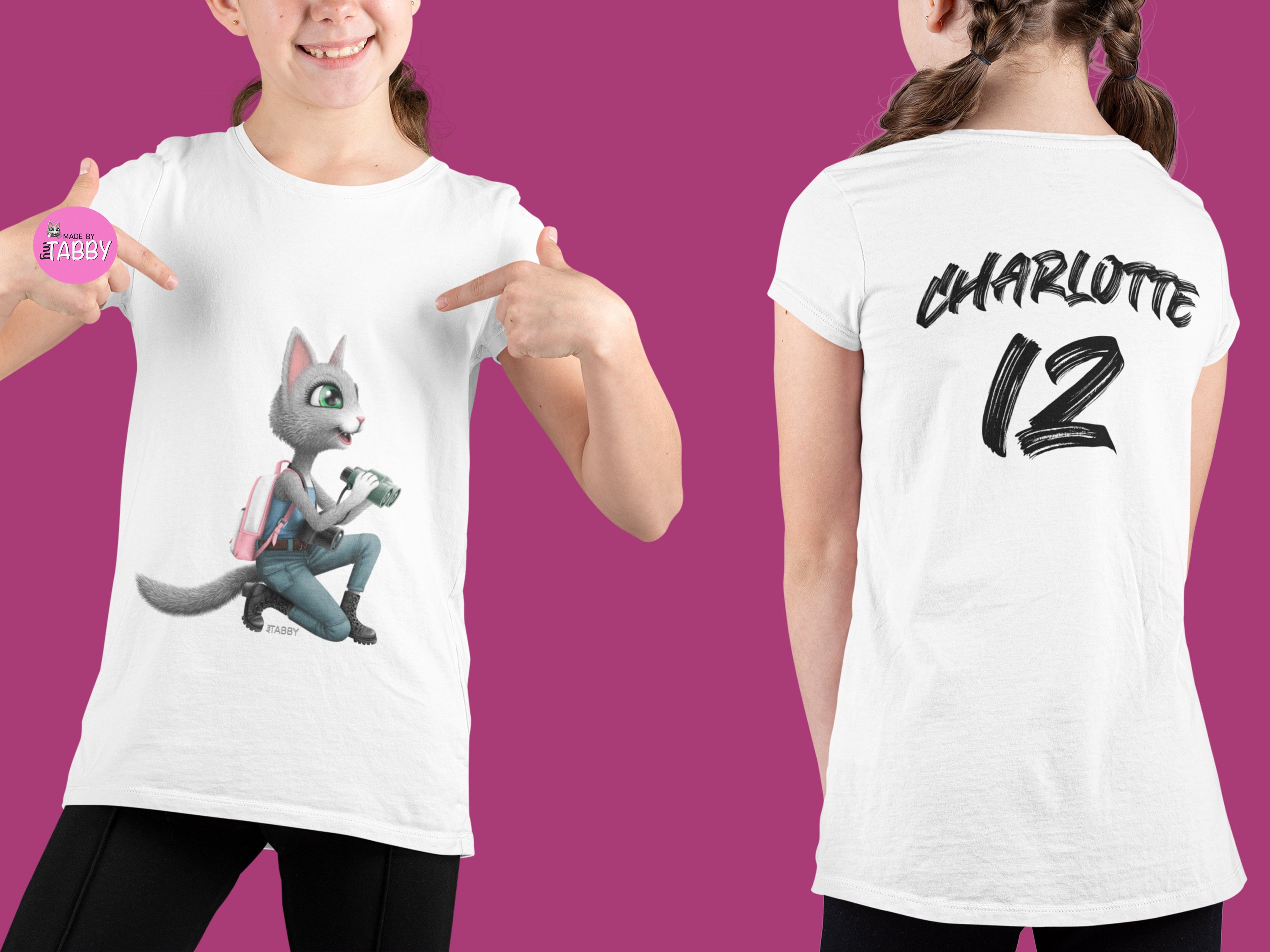 myTABBY Cat Kids Customise Soft-style Tee | EXPLORER | Unisex T-Shirt  | Personalised Name on back | Kids Fashion