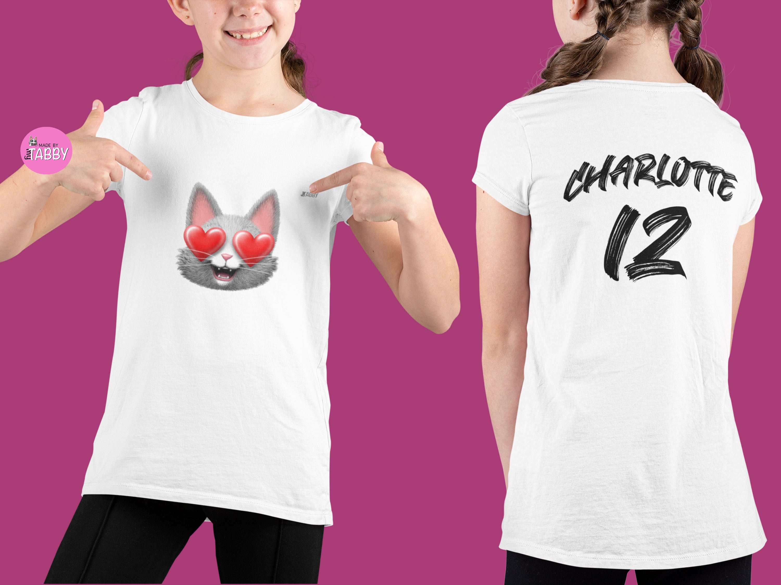 myTABBY Cat Kids Customise Soft-style Tee | LOVE | Unisex T-Shirt  | Personalised Name on back | Kids Fashion