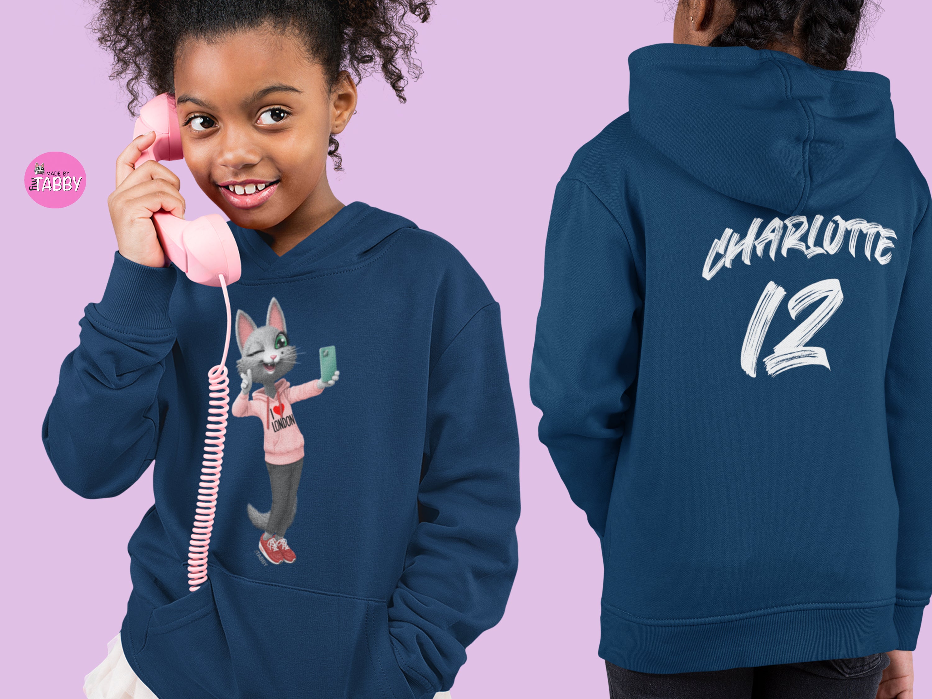 myTABBY | I LOVE LONDON | Personalised Name on back of Boys & Girls Hoodie Unisex | Kids Fashion