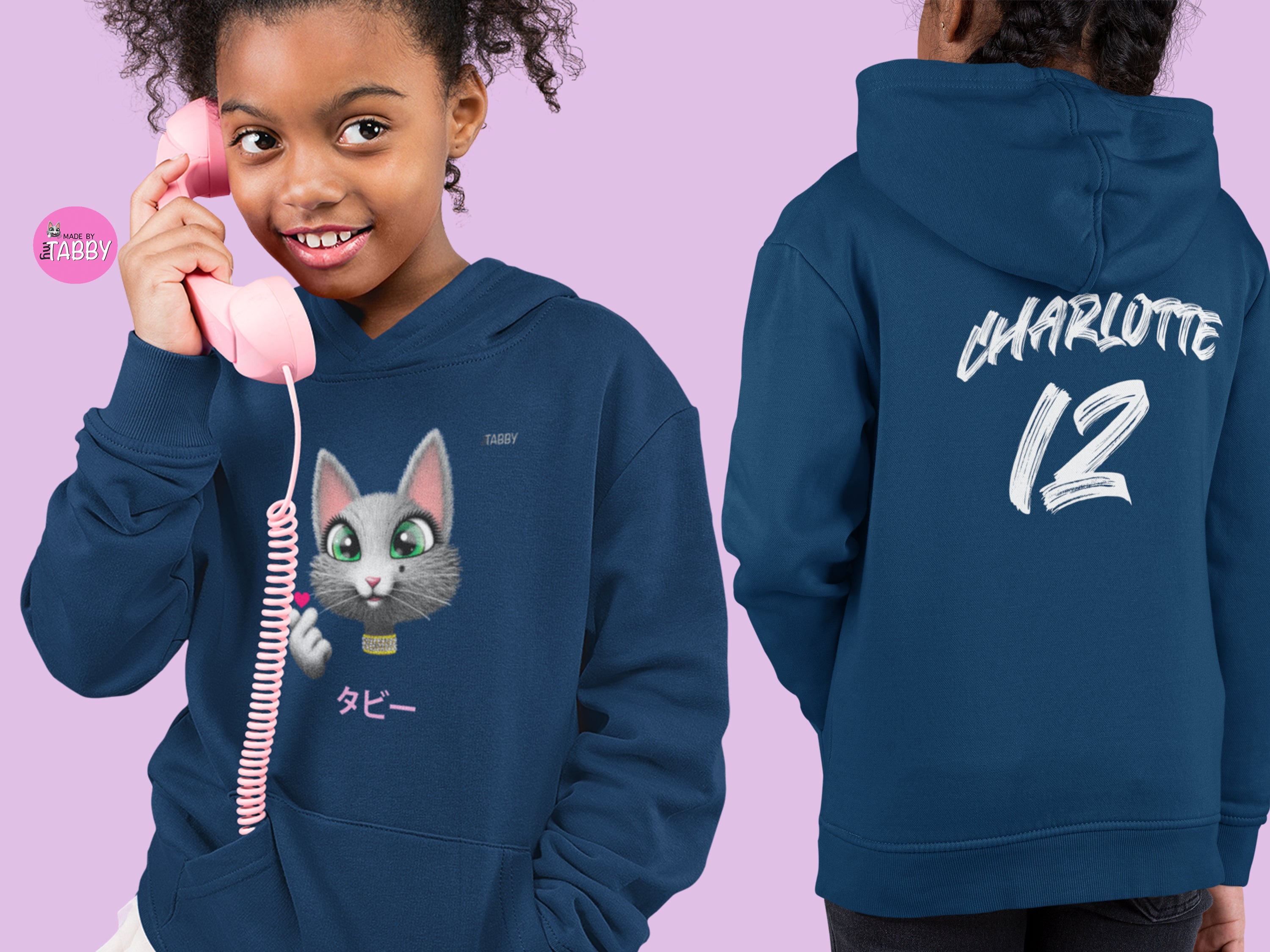 myTABBY | TABBY JAPANESE | Personalised Name on back of Boys & Girls Hoodie Unisex | Kids Fashion