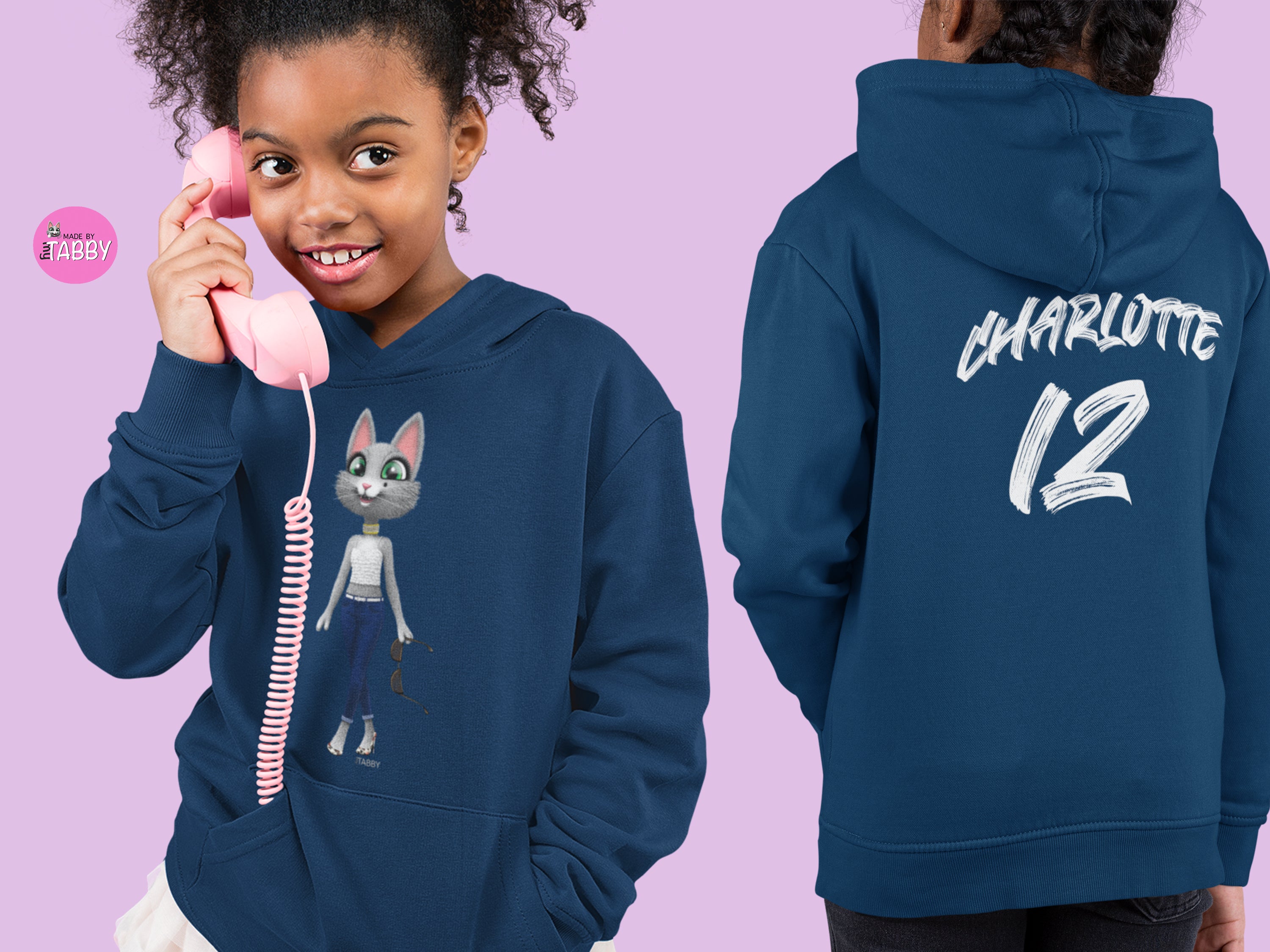 myTABBY | SUNGLASSES | Personalised Name on back of Boys & Girls Hoodie Unisex | Kids Fashion