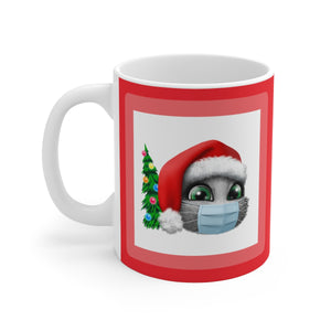 myTabby XMAS Face Mask & Tree  11oz Coffee, Tea or Hot Chocolate Mug, CUSTOM text & background colour